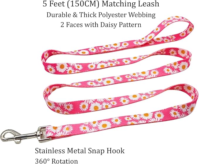 Dog Collar and Leash Set, Cute Pink Daisy Pattern, Polyester Material, 5ft Leash, for Puppy Dogs.(Extra Small, Pink Daisy)