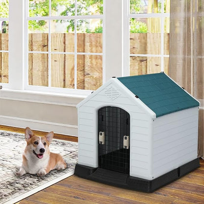 Bonnlo Plastic Dog House, Pet Dog Kennel Water Resistant for Small Medium Sized Dogs with Door, Indoor & Outdoor Use (32.7" H)