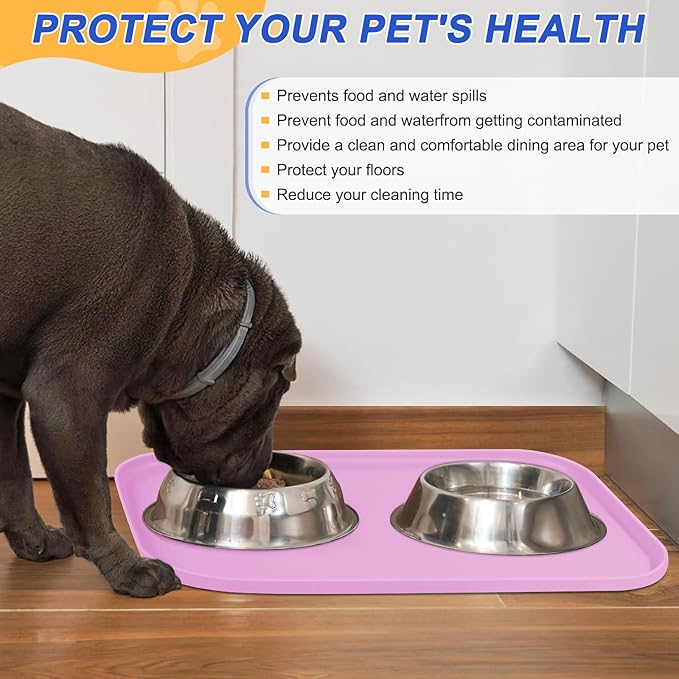 SMILOOL Silicone Pet Feeding Mat with Raised Edge for Food and Water, Dog Bowl Mats, Cat Bowls Placemat with High Lip for Floor Waterproof, Rubber Tray for Cats and Dogs 24 x 16 x0.8 Light Pink
