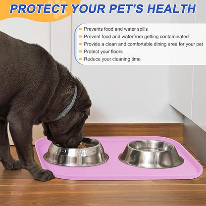 SMILOOL Silicone Pet Feeding Mat with Raised Edge for Food and Water, Dog Bowl Mats, Cat Bowls Placemat with High Lip for Floor Waterproof, Rubber Tray for Cats and Dogs 24 x 16 x0.8 Light Pink