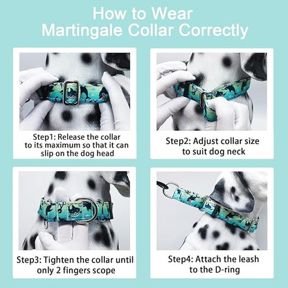 Reflective Martingale Collar for Dogs Nylon Training Collar with No Buckle, No Pull Boy Male Dog Collar for Large Dogs（Green Shark，L）