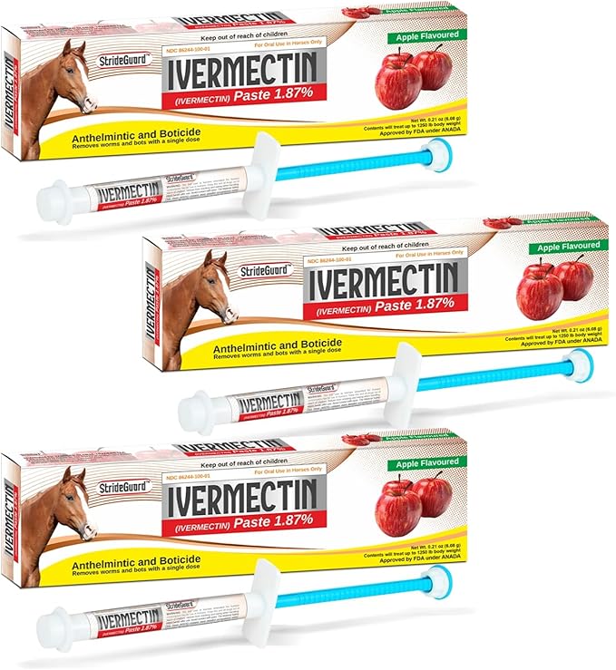 Horse Ivermectin Paste 1.87% – Apple Flavored Oral Horse Dewormer Syringe – 6.08g Tube Treats Horses Up to 1250 LB [Pack-3]