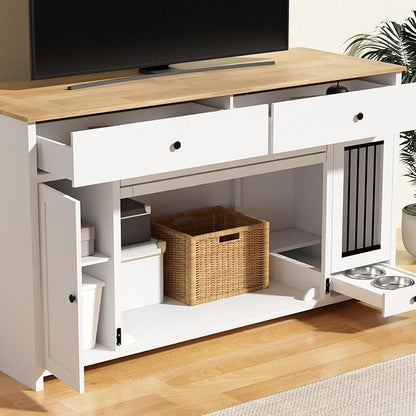 63" Dog Crate Furniture with 2 Drawers & Cabinets, Heavy Duty Wooden Dog Kennel TV Stand for Medium/Large Dogs, Dog Kennel Indoor Dog Cage with Storage, Decorative Pet Crate Sideboard, White