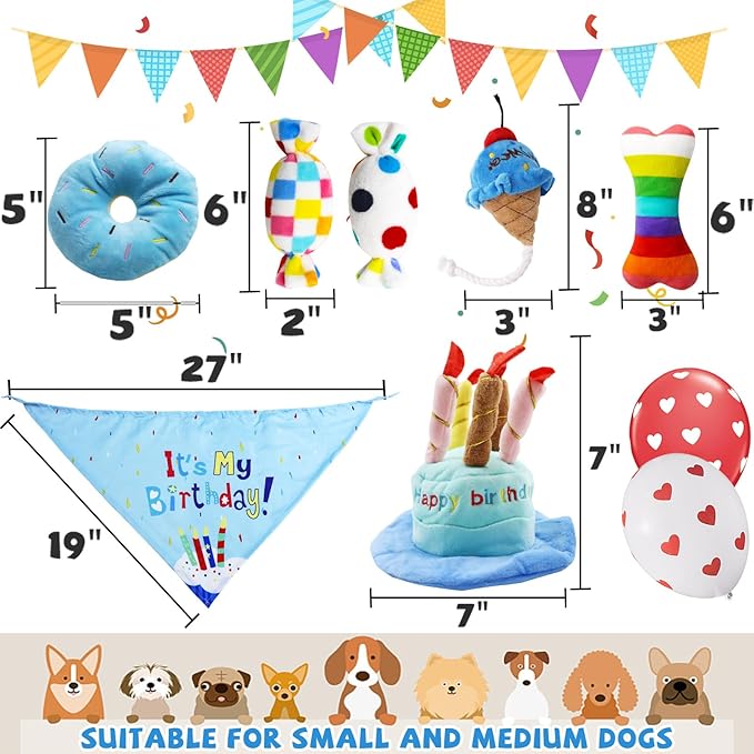 lilfrd Dog Birthday Toy Set, 9Pcs Plush Pet Toy for Small Dogs, Includes Squeaky Cake Hat, Bandana, Dessert Themed Toys, Balloons, for Dog Birthday Party