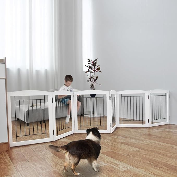ZJSF Freestanding Foldable Dog Gate Wooden Extra Wide White Puppy Gate 6 Panels Tall Pet Gates for The House Dog Fence