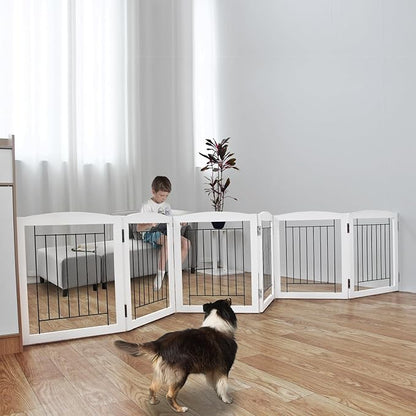 ZJSF Freestanding Foldable Dog Gate Wooden Extra Wide White Puppy Gate 6 Panels Tall Pet Gates for The House Dog Fence