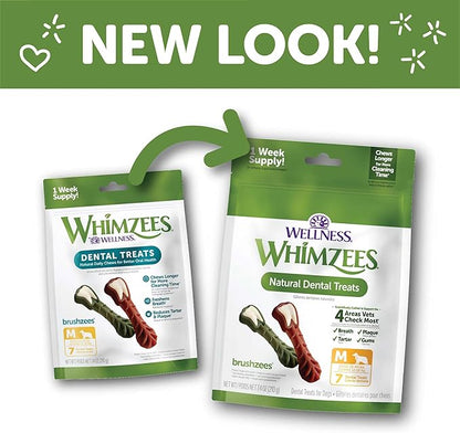Whimzees Wellness Daily Brushzees Dog Dental Treats, Natural Chews, Medium Size Stick, (7 Count) (Pack of 2)