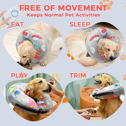 PAWCHIE Inflatable Dog Cone Collar Alternative, Soft Dog Cone for Medium to Large Dogs After Surgery, Adjustable Neck Recovery E-Collars Donut Collar with Cute Dinosaur Prints, Grey XL