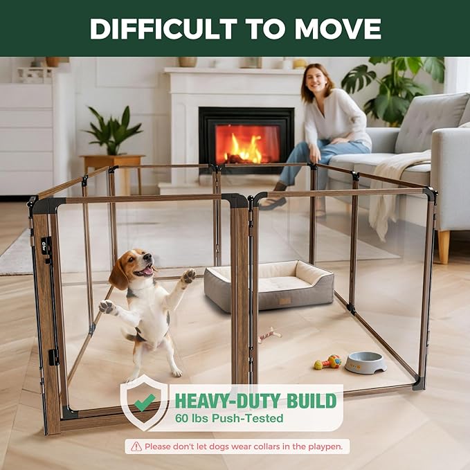 FXW AuraSpace Pro Acrylic Indoor Dog Playpen, Heavy-Duty with Metal Frame, 32" Height 8 Panels for Small and Medium Dogs, Walnut│Patented