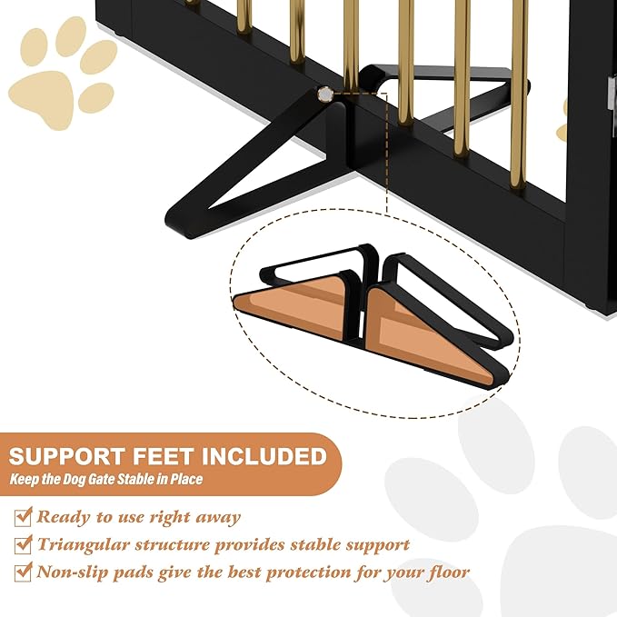 PUPETPO Freestanding Pet Gate for Dogs, Foldable Wooden Dog Gate for House, Extra Wide Indoor Pet Barrier for Stair, Doorway, Hall, Support Feet Included, 120 Inch Wide, 6 Panels 24",Black&Gold