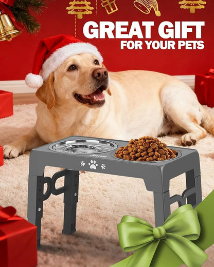 Jovrun Elevated Dog Bowls for Medium Large Size Dogs, Non-Slip Dog Feeder with 1*Stainless Steel Dishes & 1*Slow Feeder Bowl, 5 Heights Adjustable Raised Bowls to 3.15″-8.66″-9.84″-11.02″-12.2″