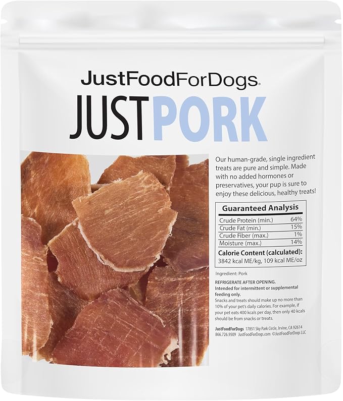 JustFoodForDogs Single Ingredient Healthy Dog Treats and Dog Snacks, Jerky Treats, Human Grade, Preservative and Grain Free, Rawhide Free Chews, Low Calorie Treat - Pork, 5 oz