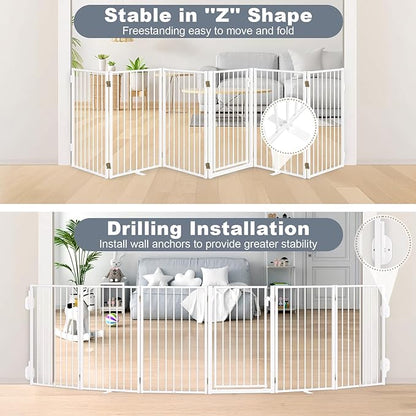 Metal Freestanding Dog Gates with Door for Outdoor Indoor,120'' Extra Wide 36'' Tall Free Standing Dog Gate for Doorways,Large Openings,Deck,Yard,Porch,Foldable Pet Fence(White,6 Panels)