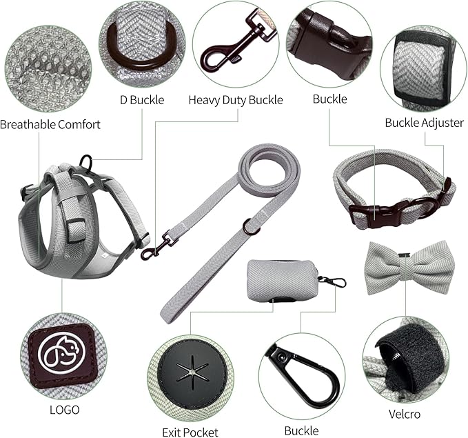 EVERKING 5-Piece Dog Travel Set, Adjustable Harness, Leash, Collar, Poop Bags, Bowtie for Small Medium Dogs, Beige, Breathable No-Pull Design (Slate Gray, M)