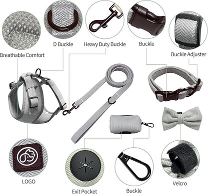 EVERKING 5-Piece Dog Travel Set, Adjustable Harness, Leash, Collar, Poop Bags, Bowtie for Small Medium Dogs, Beige, Breathable No-Pull Design (Slate Gray, XS)