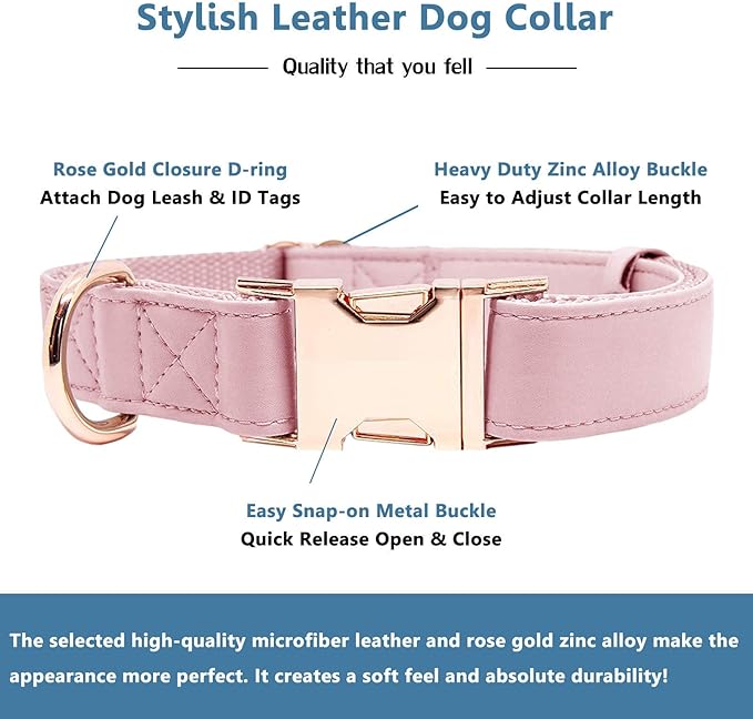 Soft Leather Dog Collar and Leash (6.6') Set - Stylish Rose Gold Heavy Duty Metal Buckle, 4 Adjustable Lengths Leash for Small Medium Large Dogs - Comfortable & Easy to Clean Pink S(12.2"-16.9")