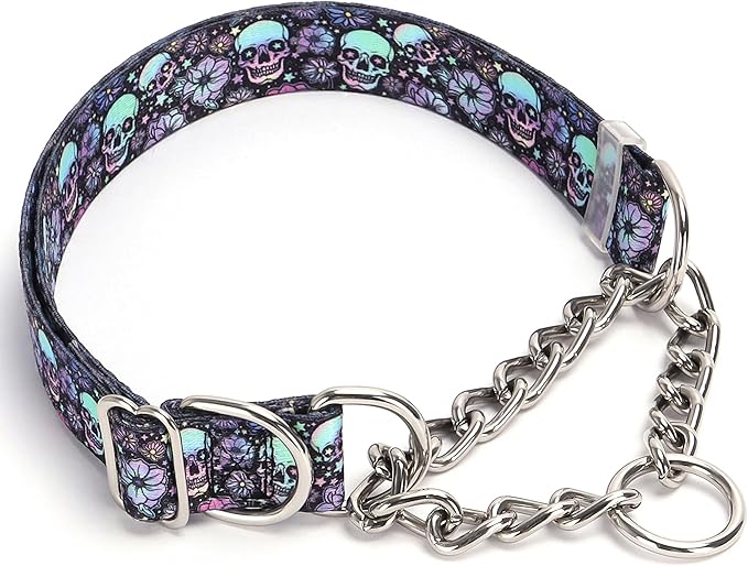 Skull Chain Martingale Collar for Dogs, No Pull Slip Cinch Choker Choke Collar Training Escape Proof Heavy Duty Dog Collar for Extra Large Medium Large Pet Boy Male Dogs, L