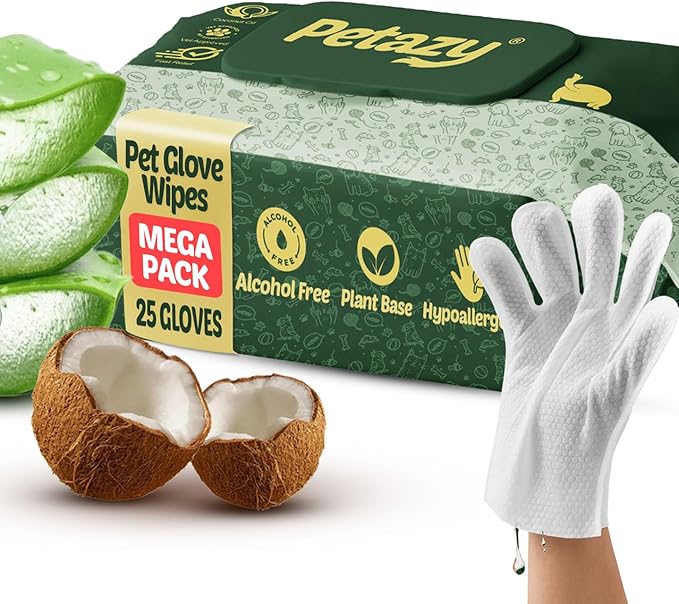 Petazy Pet Glove Wipes for Dogs & Cats – Hypoallergenic Thick Cleaning Gloves with Aloe & Coconut Oil for Paws, Face, Ears & Butt, Instant No Rinse Grooming Wipes to Deodorize and Hydrate, 25 Pack