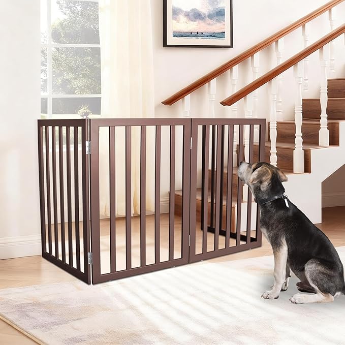 ZJSF Freestanding Indoor Dog Gate for House Foldable Wood Brown Puppy Gate for Doorways Pet Gate for Stairs Extra Wide Pet Fence 24" Height 2 Panels