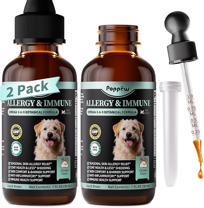 Allergy & Immune Supplement for Dogs - Omega 3-6-9 Liquid Drops for Seasonal Allergy Support, Skin Itch Relief, Less Shedding, Coat Health - with Biotin, Turmeric - Chicken Flavor - 2 FL.OZ