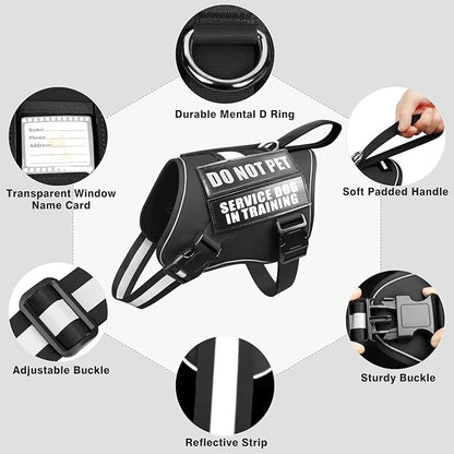 Service Dog Harness and Leash Set, Training Dog Vest with 10 Dog Patches, Emotional Support Therapy Dog Vest Harness for Small Medium Large and Extra Large Dogs(Black, XS)