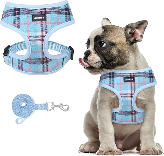 SCENEREAL Puppy Dog Harness with Leash Set for Small Medium Sized Dogs, Soft Mesh Pet Harnesses and Leash, No Chock Plaid Adjustable No Pull Vest for Dogs Cats, Chihuahua,Bulldog (Blue M)