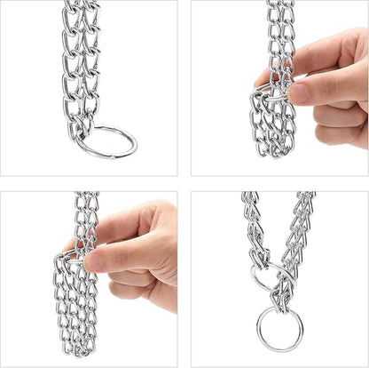 Silver Dog Choke Chain, Double Row Martingale Chain Dog Collars, Chew Proof Metal Cuban Link Slip Collar Adjustable for Small Medium Large Breed Dogs (2 Row, S)