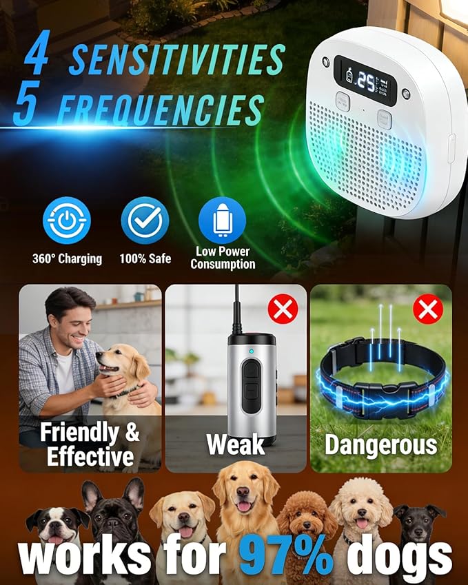 Dog Barking Control Devices, Anti Barking Device for Dogs with Remote Control, Ultrasonic & Sensor Technology, Rechargeable, Waterproof, Adjustable Modes & Frequencies, Bark Box Indoor Outdoor(White)