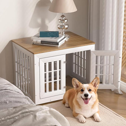 Snuowu 32" Heavy Duty Dog Crate Furniture for Small,Medium and Large Dogs,Rustic Wooden Dog Cage Kennel Indoor Furniture with Waterproof Top,Decorative Pet House Side End Table (White & Wood)