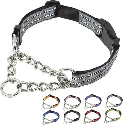 Martingale Dog Collars, Reflective Nylon Collar with Stainless Steel Chain, Adjustable Walking Training Dog Collars with Quick Release Buckle, Suitable for Small Medium Large Dogs(Gray,S)