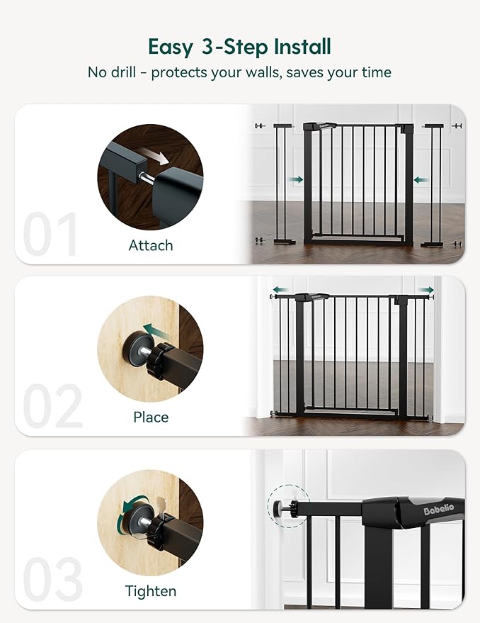Babelio 36" Tall Baby Gate, 26-40" Wide Auto Close Pet Gate, PressGuard C5 Pressure Mounted Metal Dog Gate, Easy-Install No Drilling, No Tools Needed, with Wall Protectors and Extension Kits, Black