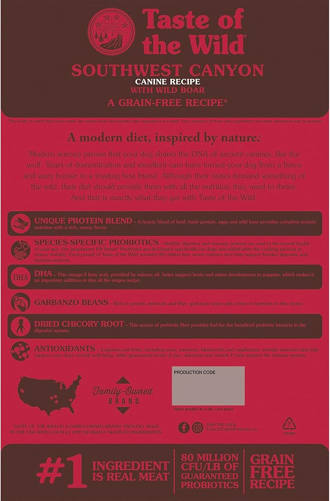 Taste of the Wild Southwest Canyon Grain-Free Recipe with Wild Boar Dry Dog Food, Made with High Protein from Real Meat, and Guaranteed Nutrients Like Probiotics, Vitamins and Antioxidants for All Life Stages 14lb