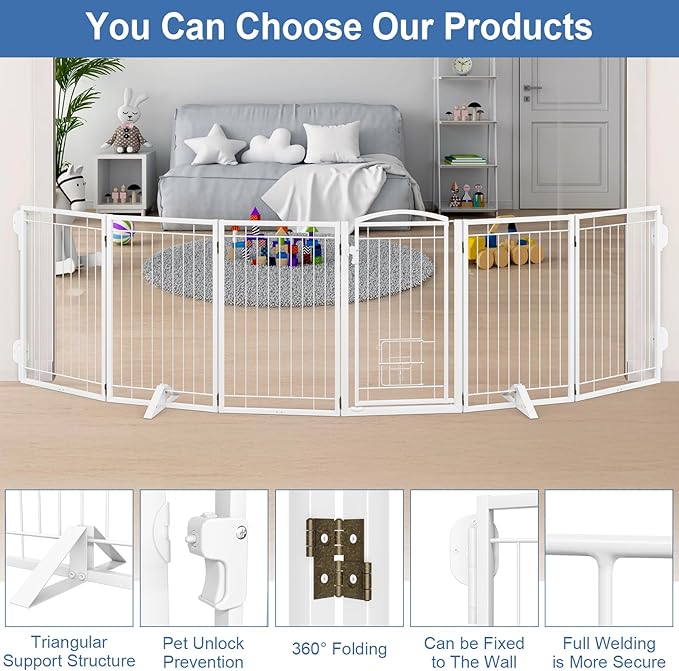 Metal Freestanding Dog Gate with Cat Door for Indoor&Outdoor,120" Extra Wide Foldable Pet Gate,32" Tall Foldable Indoor Dog Fence for Wide Openings Stairs,Deck,Yard,Doorways(6 Panels,White)
