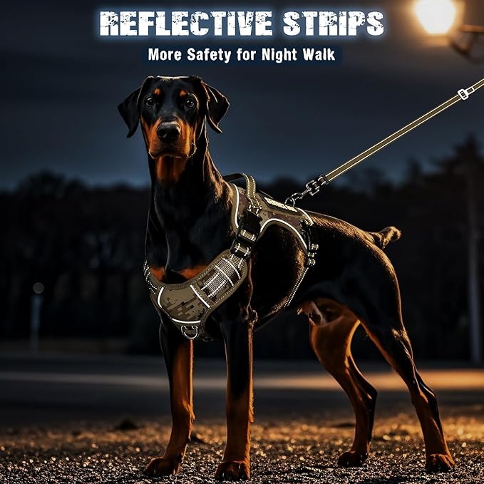 Tactical Dog Harness and Leash Set for Large Dogs,Heavy Duty No Pull Service Dog Vest and 10 Patches with Dog Seat Belt,Reflective Adjustable Pet Harness for Training Walking Hiking Camo XL