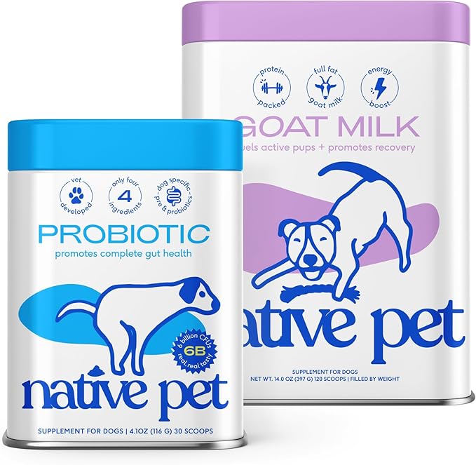 Native Pet Goat Milk Powder for Dogs (120 Scoops) & Probiotics for Dogs (30 Scoops) - Probiotics Powder for Digestive Health, Gut Support, & Immune Boost - Organic Goat Milk Powder