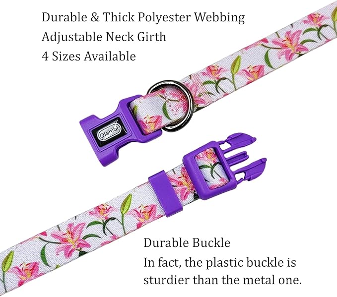 Dog Collar Leash Set, Floral Pattern, Polyester Material, Adjustable Collar and 5ft Matchcing Leash, for Small Dogs.(S, Purple Lily)
