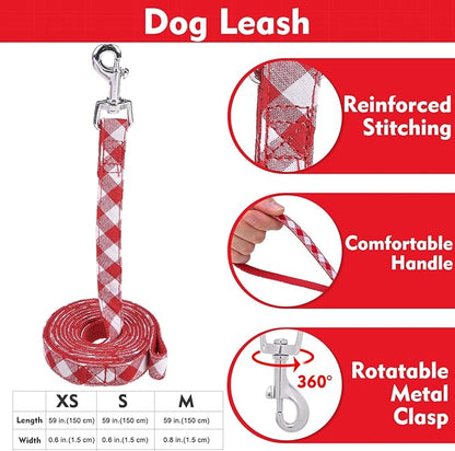 EXPAWLORER Cute Dog Harness Collar Leash Set - Red Girl Dog Harness Checkered Step-in Design, Detachable Bow Pet Collar, Adjustable No-Choke Lightweight Mesh Vest for Small Medium Dogs, M