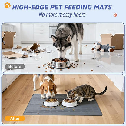 Large Dog Mats for Food and Water, 32"x24" Waterproof Pet Food Mats for Floor Nonslip Silicone Bowl Mats with Raised Edges