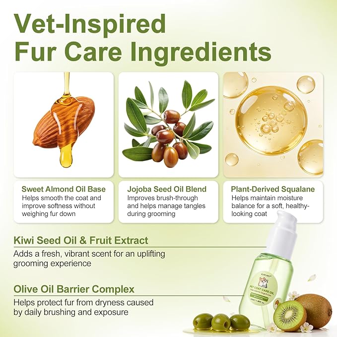 Pet Coat Care Oil, Kiwi Seed & Olive Infusion | Structural Strengthening Serum Minimizes Breakage & Static; Nutrient-Rich Fiber Fortification, Brittle Hair Restoration, Dogs Cats, 1.69 fl. oz
