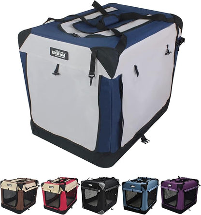 EliteField 4-Door Folding Soft Dog Crate with Curtains, Carrying Bag and Fleece Bed (2 Year Warranty), Indoor & Outdoor Pet Home (42" L x 28" W x 32" H, Navy Blue+Gray)