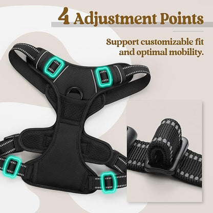 rabbitgoo Dog Harness No Pull with 2 Leash Clips, Adjustable Soft Padded, Reflective Oxford No Choke Pet Vest with Easy Control Handle for Large Dogs, Black, XL