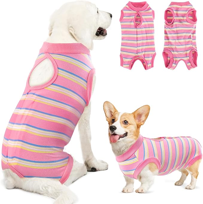 Lukovee Recovery Suit for Dogs, Onesie Surgery Recovery Suit for Female Male Dogs, Abdominal Wounds Cone E-Collar Alternative Prevent Licking Spay Recovery Suit (Pink Stripes,XXL)
