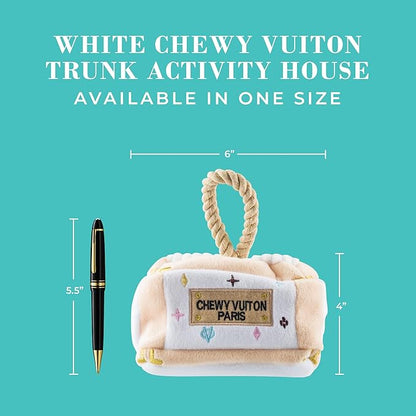 Haute Diggity Dog Chewy Vuiton Trunk Puzzle with 3 Plush Squeaky Dog Toys, Soft Durable Designer-Inspired Stuffed Puppy Chew Toys for Small & Medium Dogs, Machine-Washable (White) One Size