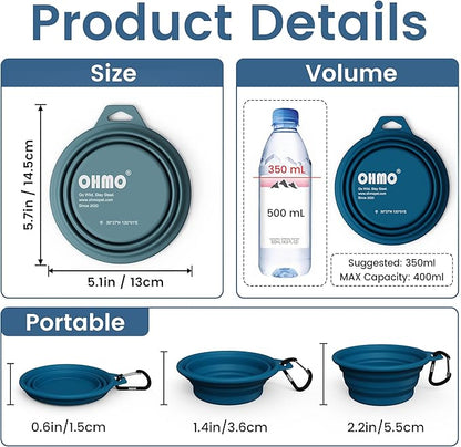 OHMO Collapsible Dog Water Bowls w/Built-in Stainless Steel Ring – 2pcs Small 12oz/400ml Portable Silicone Pet Feeding Bowl for Hiking, Camping, Travel