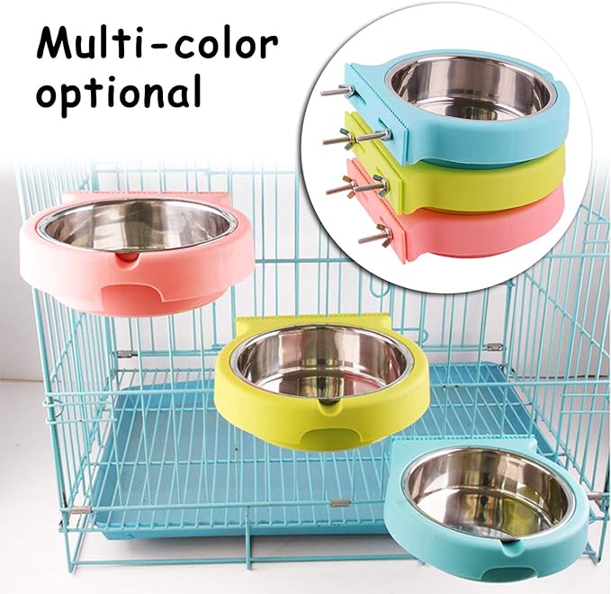 Crate Dog Bowl Removable Stainless Steel Water Food Feeder Bowls Cage Coop Cup for Cat Puppy Bird Pets (Small, Blue with Corrugated Clip)