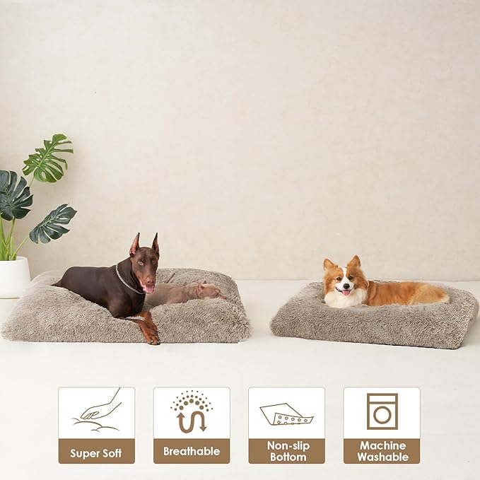 EHEYCIGA Fluffy Dog Crate Bed for Extra Large Dogs, Plush Faux Fur Crate Pad, Calming Anti Anxiety XL Dog Bed, Washable Soft Warm Crate Mat with Non-Slip Bottom, Taupe