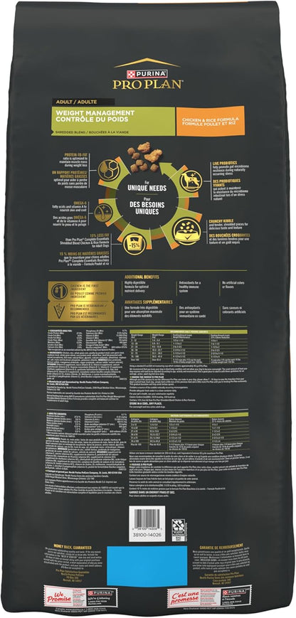 Purina Pro Plan Weight Management Dog Food Dry, Shredded Blend Chicken and Rice Formula - 34 lb. Bag