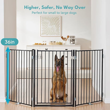 No Pawblems Free Standing Dog Gate with Door, 36'' Tall Foldable Dog Fence for Indoor & Outdoor, Up to 156 Inch Extra Wide Puppy Gate for Stairs, Hallways, Doorways, Deck, Yard (Black, 6 Panels)