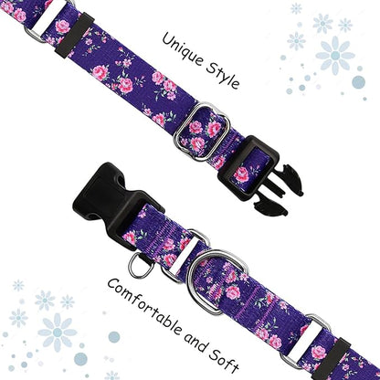 Martingale Collar for Dogs with Buckle Floral Dog Collar Girl Female Soft Nylon Dog Collars for Small Medium Large Dogs (Purple Flower, L)