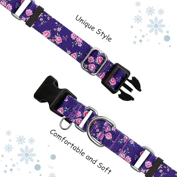 Martingale Collar for Dogs with Buckle Floral Dog Collar Girl Female Soft Nylon Dog Collars for Small Medium Large Dogs (Purple Flower, XS)